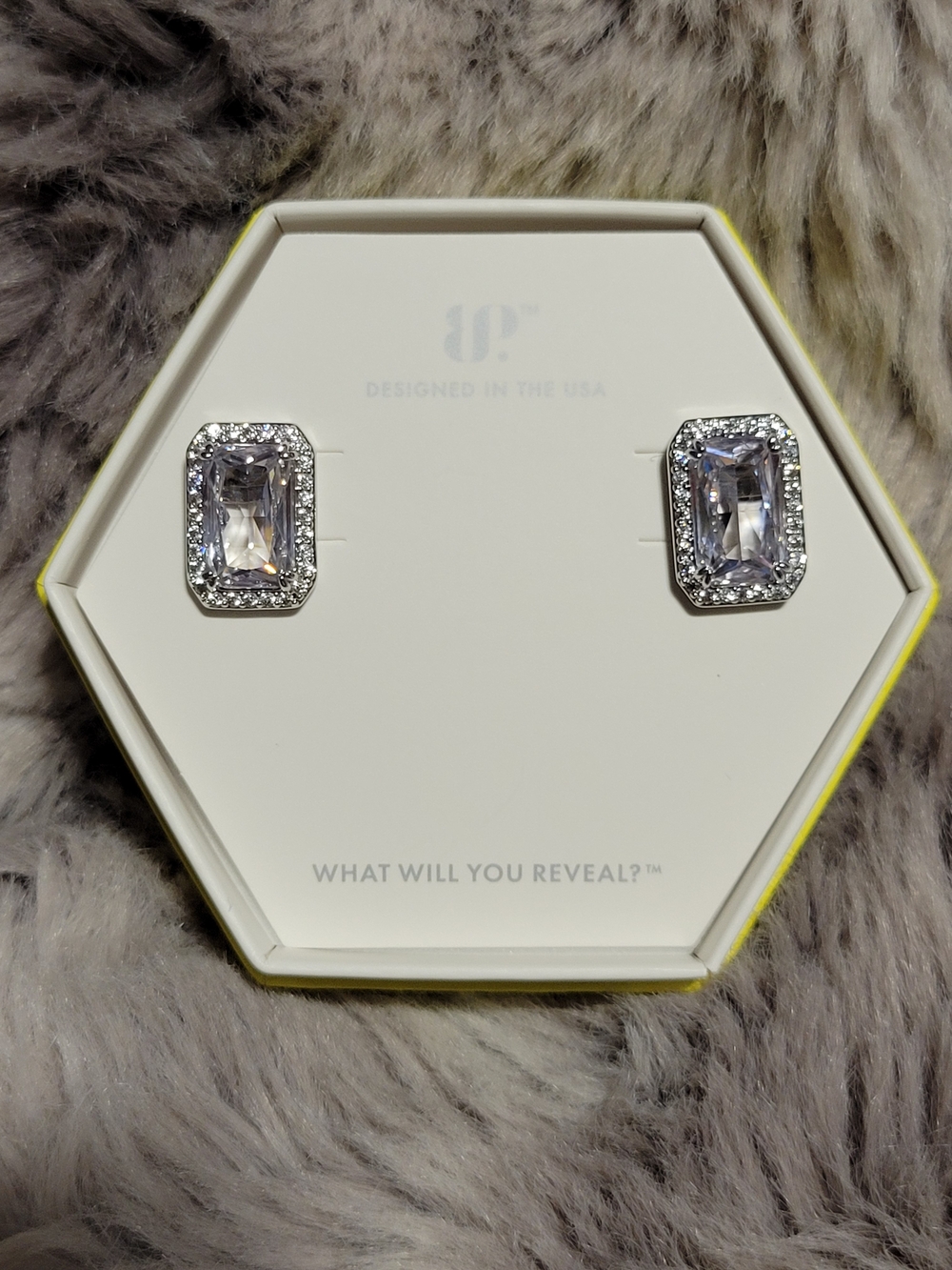 Crystal Rectangle Halo Stud Earrings - Silver
